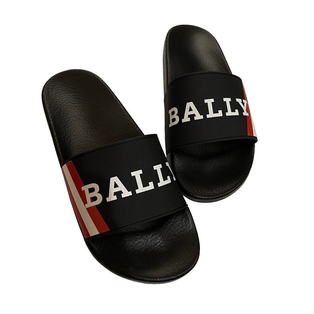 BALLY SIMON BLACK RUBBER LOGO SANDALS SLIDES SHOES -‎ MADE IN ITALY US 7